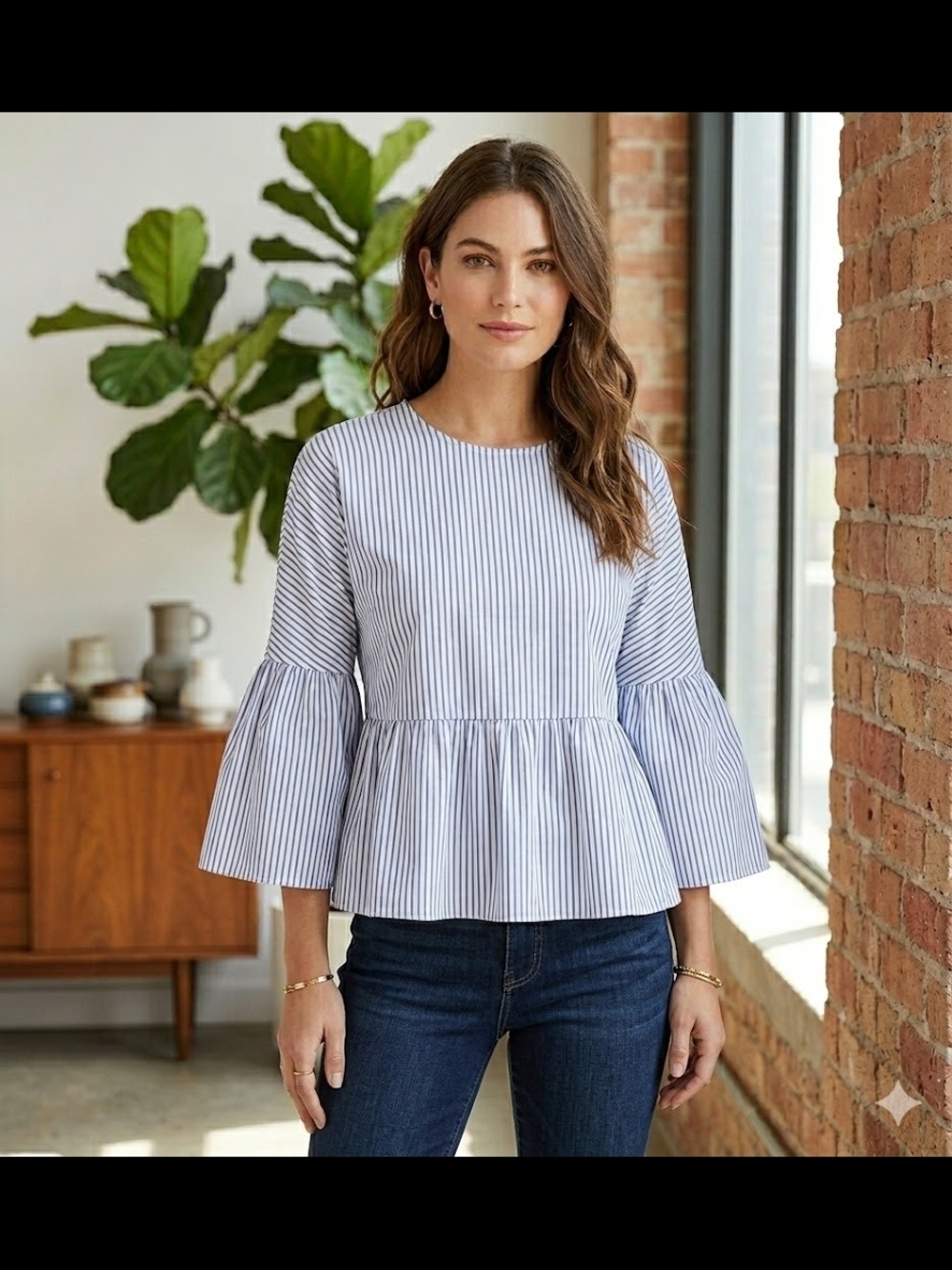 Goodnight Macaroon Blue & White Striped Peplum Bell-Sleeve Blouse